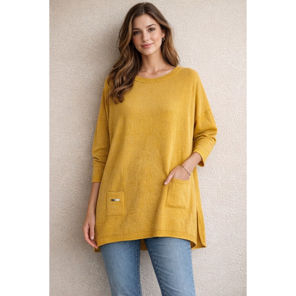 Mer-Sea Mustard Yellow Oversized‎ Pocket Tunic Sweater OS Drytex Knit Tunic